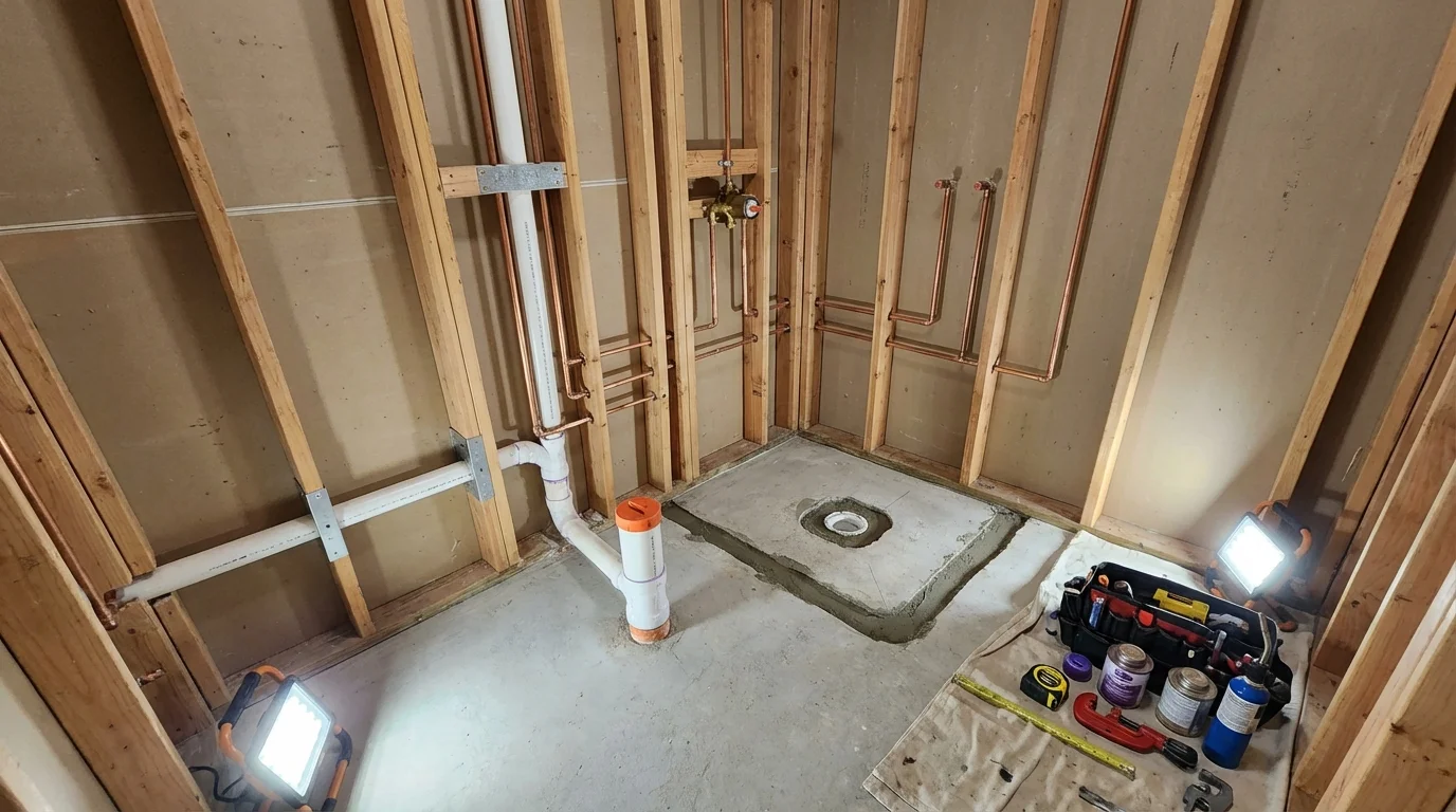 Bathroom rough-in plumbing during remodel by Johns Plumbing LLC in Sugar Land