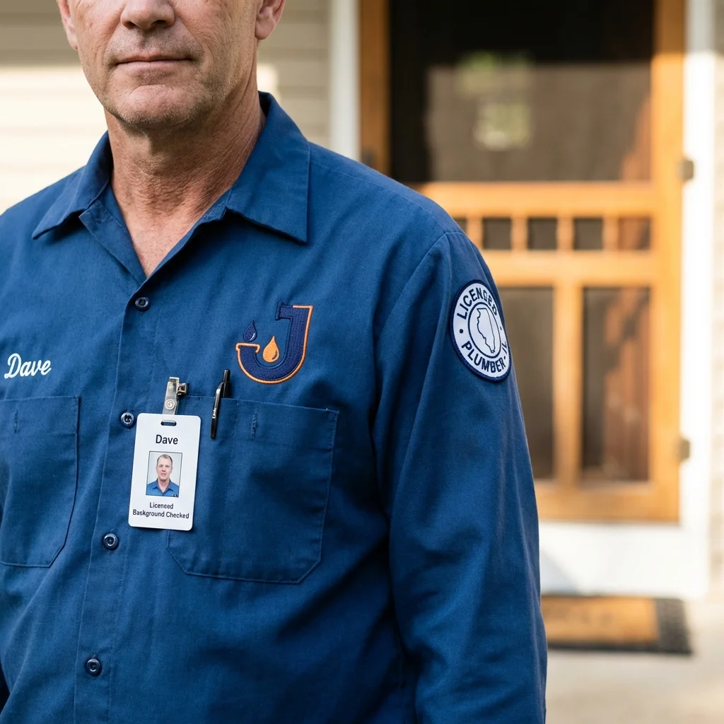 Licensed plumber showing ID badge in Sugar Land, TX