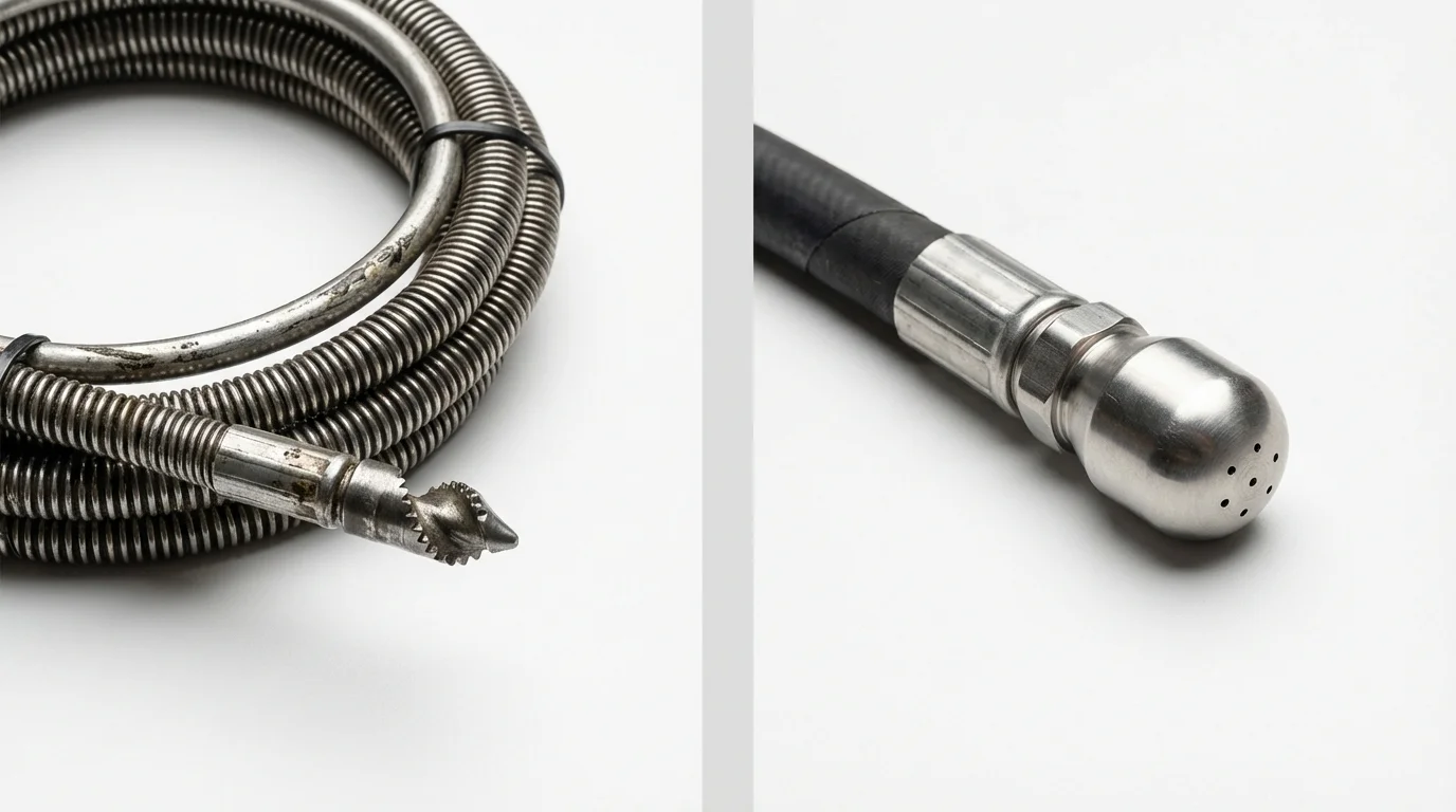 Drain snake cable and hydro jetting nozzle used for drain cleaning in Sugar Land, TX
