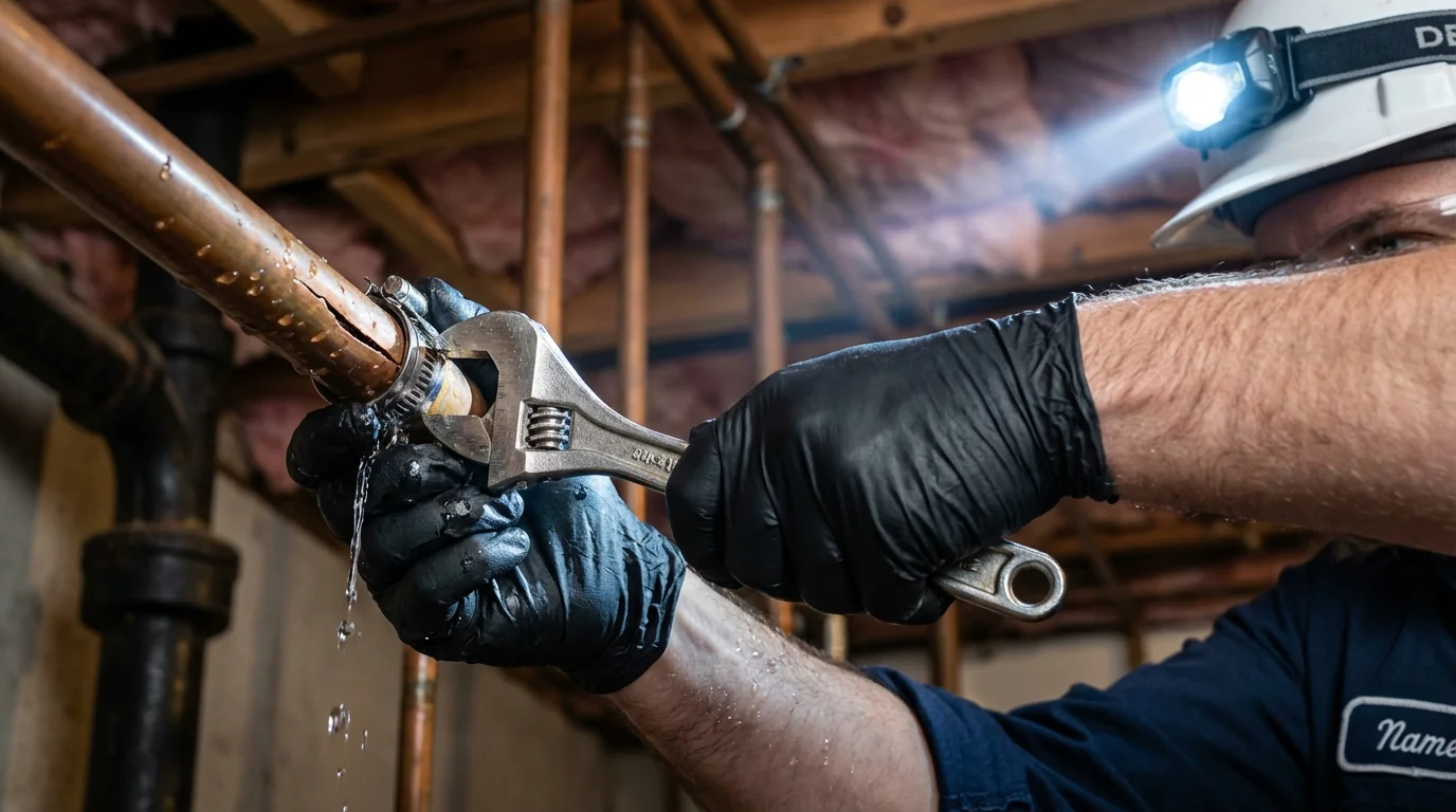 Emergency pipe clamp repair being performed by a Johns Plumbing LLC plumber in Sugar Land