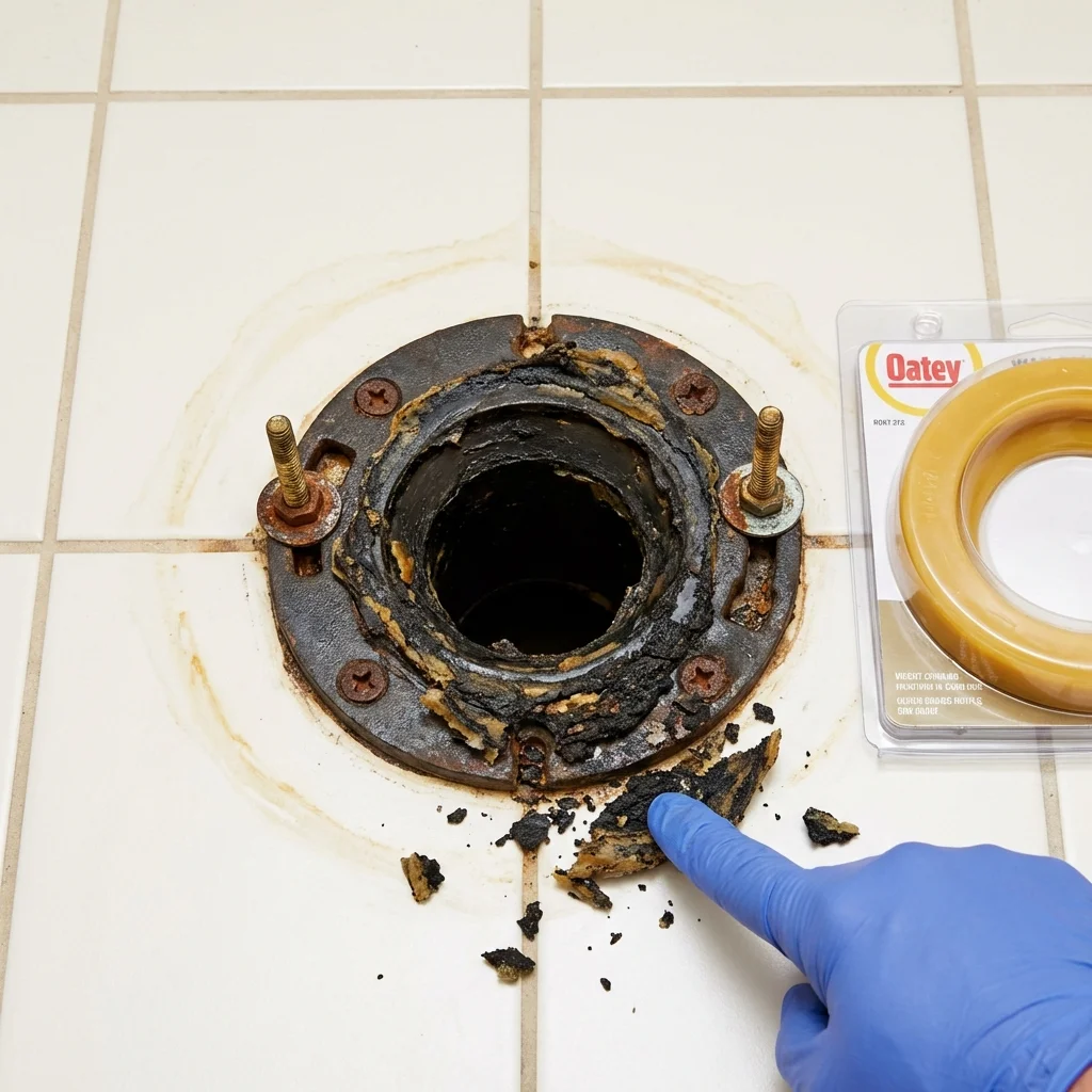 Failed wax ring showing water seepage at the base of a toilet in a Sugar Land, TX home